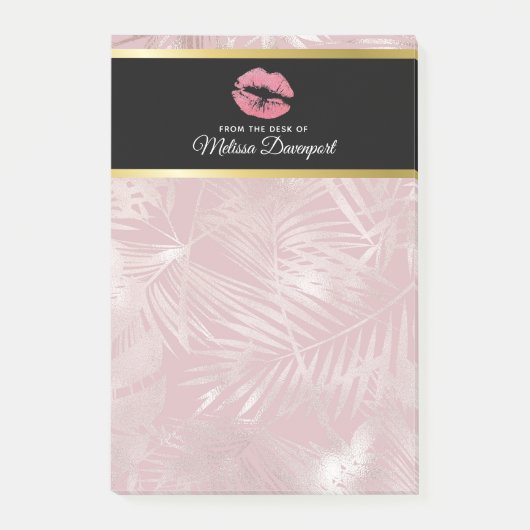 Roze glitterlips en Roos Gold tropische bladeren Post-it® Notes (Voorkant)