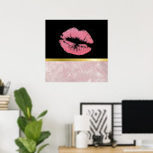 Roze glitterlips en Roos Gold tropische bladeren Poster (Thuiskantoor)