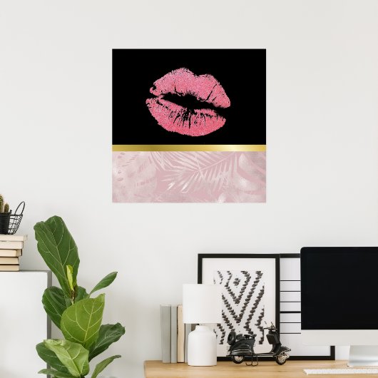 Roze glitterlips en Roos Gold tropische bladeren Poster (Thuiskantoor)