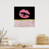 Roze glitterlips en Roos Gold tropische bladeren Poster (Keuken)
