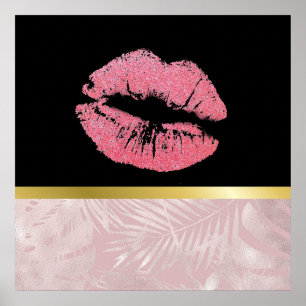 Roze glitterlips en Roos Gold tropische bladeren Poster
