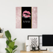 Roze glitterlips en Roos Gold tropische bladeren Poster (Thuiskantoor)