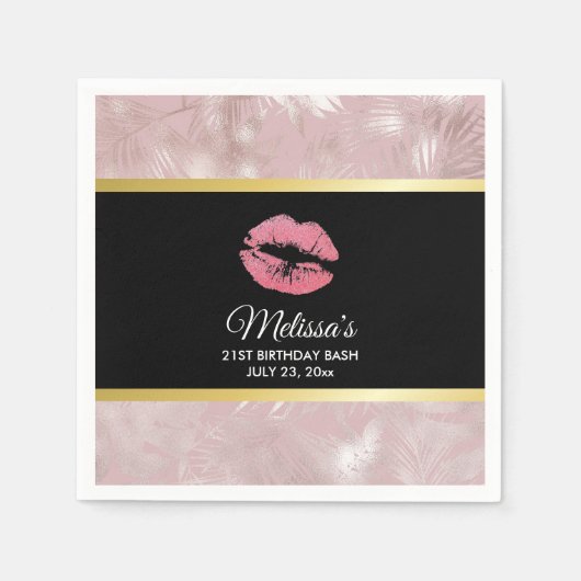 Roze glitterlips en Roos Gold tropische bladeren Servet (Voorkant)