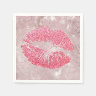 Roze glitterlips en Roos Gold tropische bladeren Servet