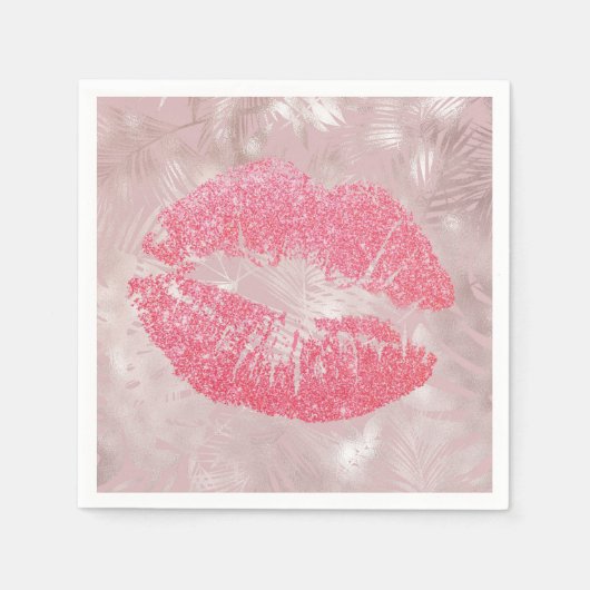 Roze glitterlips en Roos Gold tropische bladeren Servet (Voorkant)