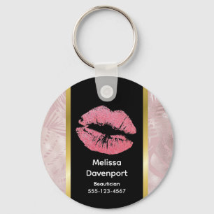 Roze glitterlips en Roos Gold tropische bladeren Sleutelhanger