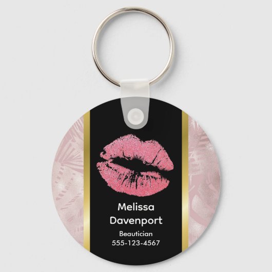 Roze glitterlips en Roos Gold tropische bladeren Sleutelhanger (Voorkant)