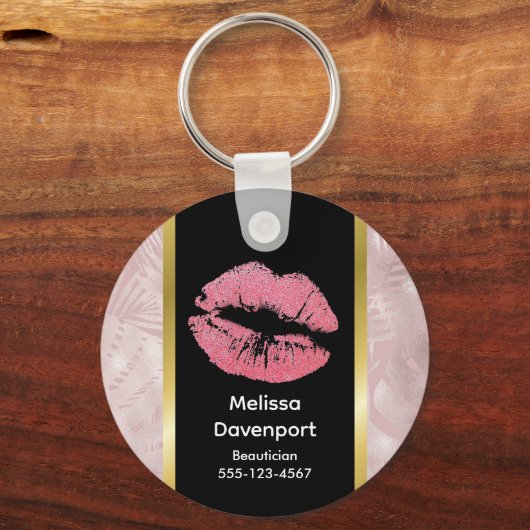 Roze glitterlips en Roos Gold tropische bladeren Sleutelhanger (Voorkant)