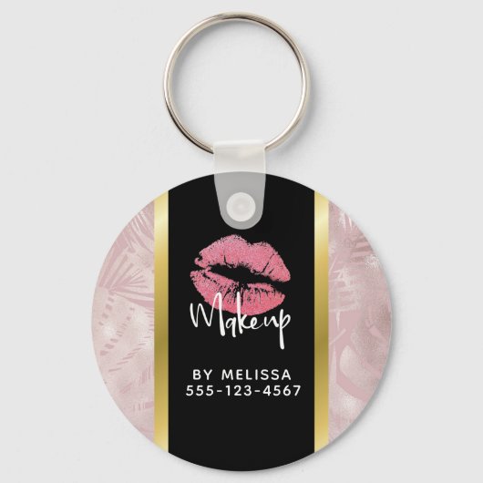 Roze glitterlips en Roos Gold tropische bladeren Sleutelhanger (Voorkant)