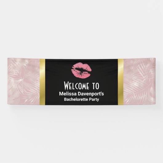 Roze glitterlips en Roos Gold tropische bladeren Spandoek (Horizontaal)