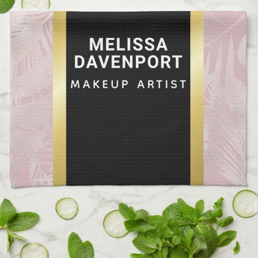 Roze glitterlips en Roos Gold tropische bladeren Theedoek (Gevouwen)