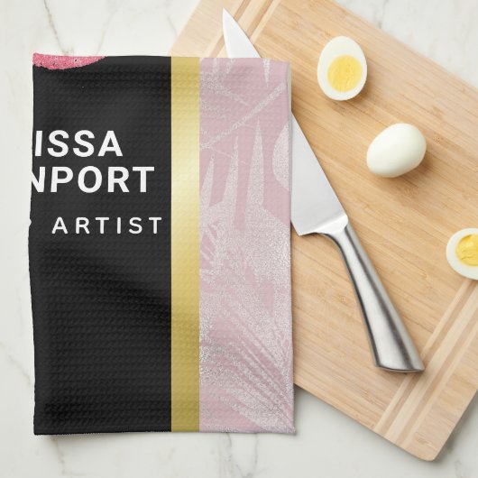 Roze glitterlips en Roos Gold tropische bladeren Theedoek (Quarter Fold)