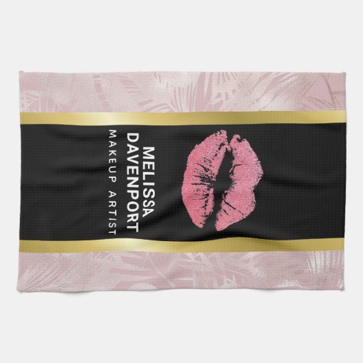 Roze glitterlips en Roos Gold tropische bladeren Theedoek (Horizontaal)