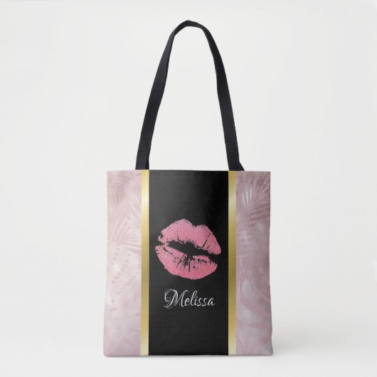 Roze glitterlips en Roos Gold tropische bladeren Tote Bag (Voorkant)