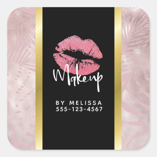 Roze glitterlips en Roos Gold tropische bladeren Vierkante Sticker (Voorkant)