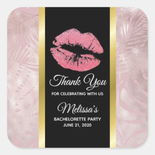 Roze glitterlips en Roos Gold tropische bladeren Vierkante Sticker