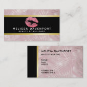 Roze glitterlips en Roos Gold tropische bladeren Visitekaartje (Voorkant / Achterkant)