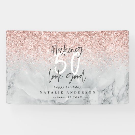 Roze glittermarmer maakt 50 jaar een goede verjaar spandoek (Horizontaal)