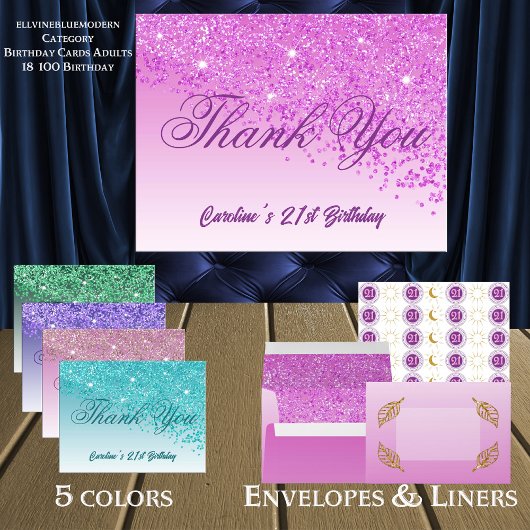 Roze Glitters, 21e Verjaardag Bedankt Briefkaart