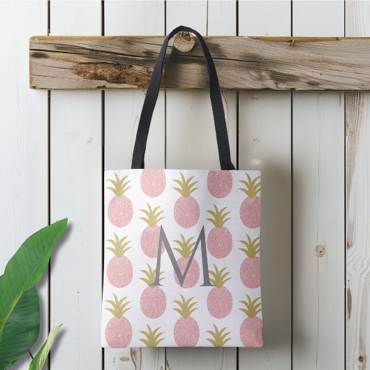 Roze Glitters Ananas Monogram Geborduurd Tote Bag