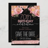 Roze glitters bloemachtige 70ste verjaardag Save t Kaart (Voorkant / Achterkant)