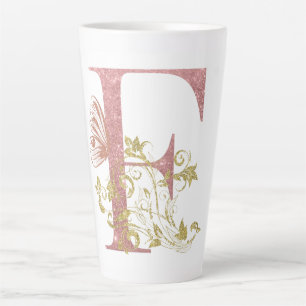 Roze glitters bloemenletter F  Latte Mok