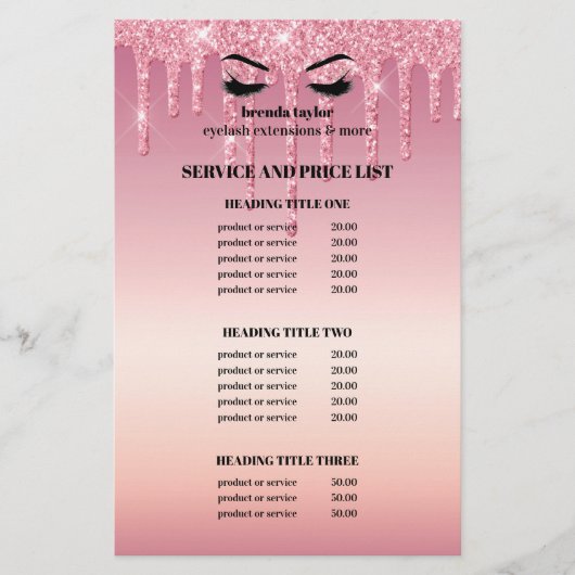 Roze Glitters Dripps EYELASH SALON SERVICE LIJST Flyer (Voorkant)