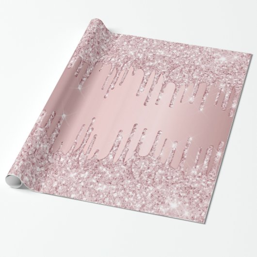 Roze glitters druppels glans stoffige roos  cadeaupapier (Uitgerold)
