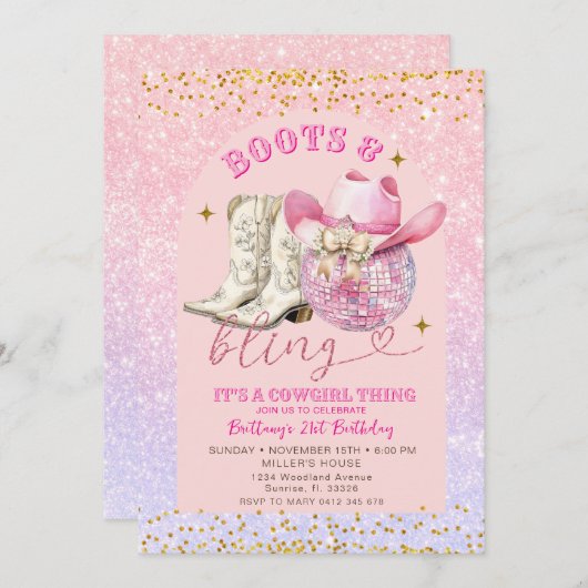 Roze Glitters en Gouden Laarzen en Bling Verjaarda Kaart (Voorkant / Achterkant)