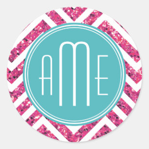 Roze Glitters en Munt Aangepast Monogram Ronde Sticker