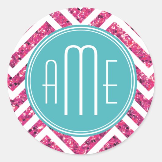 Roze Glitters en Munt Aangepast Monogram Ronde Sticker (Voorkant)
