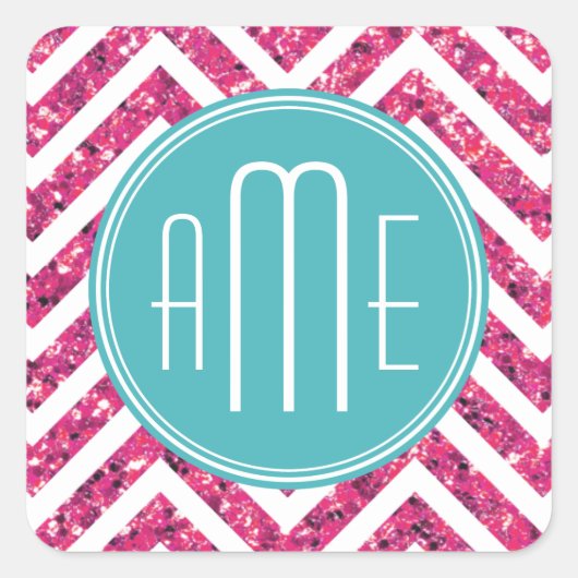 Roze Glitters en Munt Aangepast Monogram Vierkante Sticker (Voorkant)