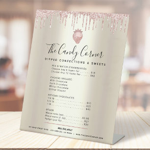 Roze Glitters Glazuur Aardbei Menu Prijslijst Goud Reclamebord Met Voetstuk
