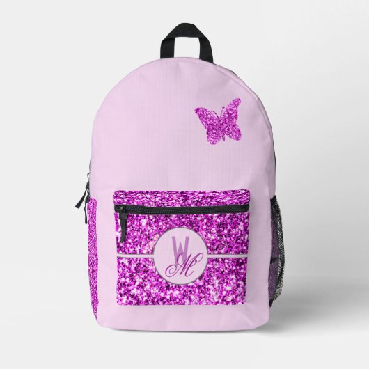 Roze glitters Monogram met Vlinder Bedrukte Rugzak (Voorkant)