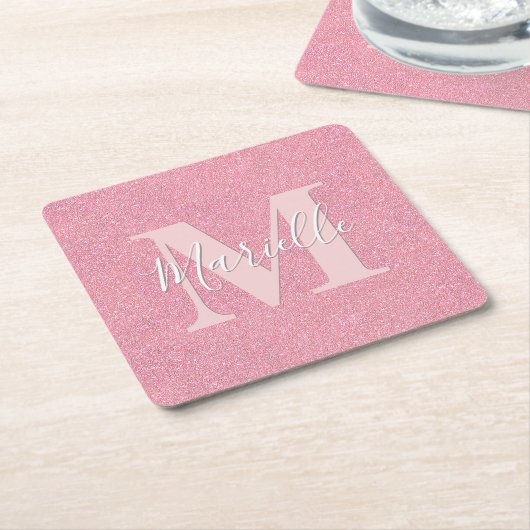 Roze glitters monogram naam kartonnen onderzetters (Schuin)