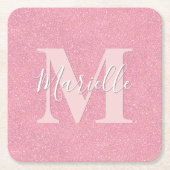 Roze glitters monogram naam kartonnen onderzetters (Voorkant)