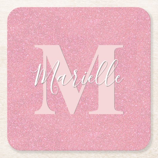 Roze glitters monogram naam kartonnen onderzetters (Voorkant)
