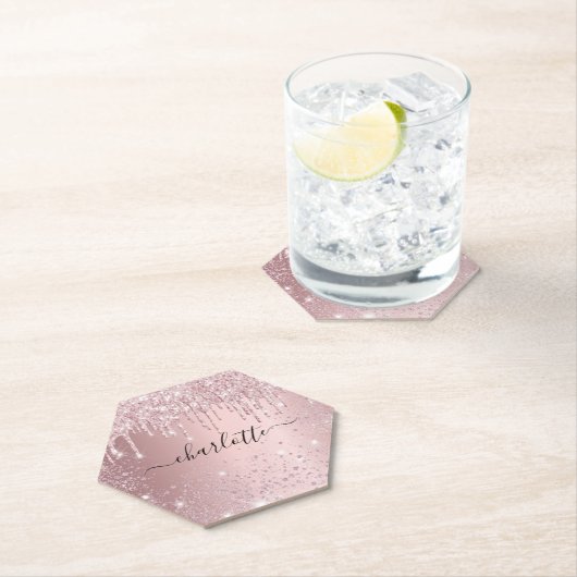 Roze glitters naam script kartonnen onderzetters (Insitu)