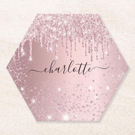 Roze glitters naam script kartonnen onderzetters (Voorkant)