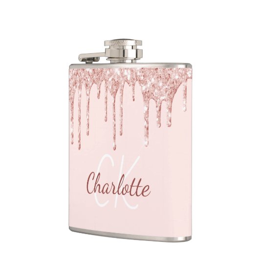 Roze glitters roos gouden monogram naam heupfles (Links)