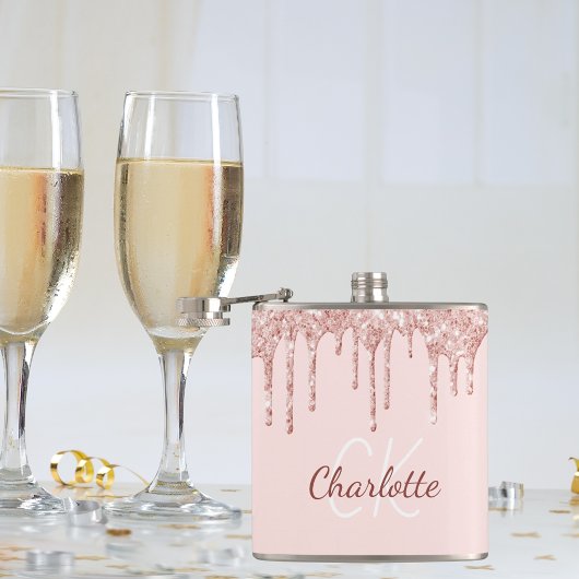 Roze glitters roosgouden monogram naam heupfles