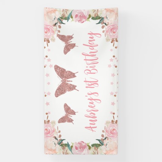 Roze glitters Roze Vlinder Verjaardag Achtergrond  Spandoek (Verticaal)