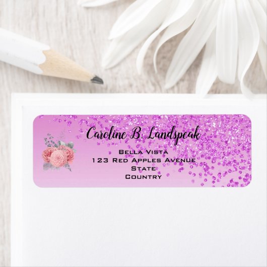 Roze Glitters, Roze Zilveren Rozen Sweet 16 Etiket (Insitu)
