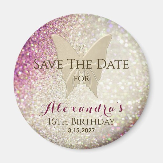 Roze Glitters Uitnodiging Sweet 16 Save the Date Magneet (Voorkant)