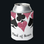 Roze Glitters Venetië Thema Getuige Bruidsmeisje A Blikjeskoeler<br><div class="desc">Geef die blik een klasse-uiterlijk met een volledig gepersonaliseerde "Maid of Honor"-bierkoeler met een strooiing van kaartkleuren in glinsterende, nep roze glitter en zwart, met gepersonaliseerde tekst voor de naam van de leden van het bruidsgezelschap. Verzamel de meiden om de aanstaande bruid te vieren met een weekend in het geluksgetal...</div>