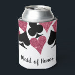 Roze Glitters Venetië Thema Getuige Bruidsmeisje A Blikjeskoeler<br><div class="desc">Geef die blik een klasse-uiterlijk met een volledig gepersonaliseerde "Maid of Honor"-bierkoeler met een strooiing van kaartkleuren in glinsterende, nep roze glitter en zwart, met gepersonaliseerde tekst voor de naam van de leden van het bruidsgezelschap. Verzamel de meiden om de aanstaande bruid te vieren met een weekend in het geluksgetal...</div>