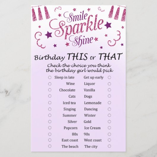 Roze glitters Verjaardag Dit of Dat Spel (Voorkant)