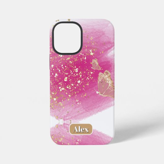 Roze glitters, vlinder & persoonlijke naam iPhone hoesje (Achterkant)