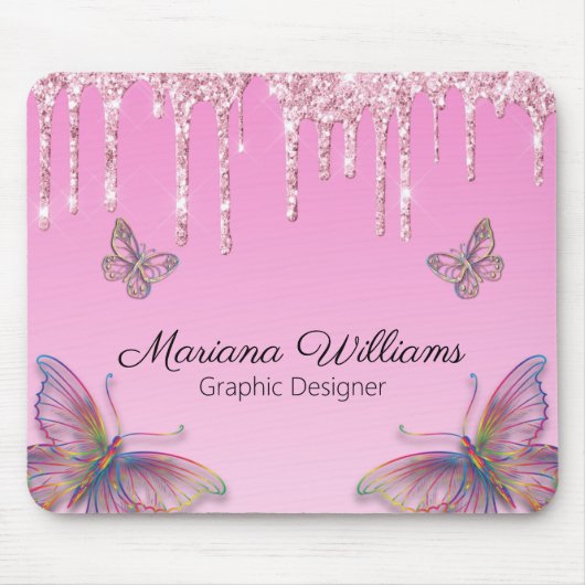 Roze glitters vlinders grafisch ontwerper muismat (Voorkant)