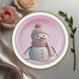 Roze Glitters Winter Sneeuwman Baby Shower Papieren Bordje